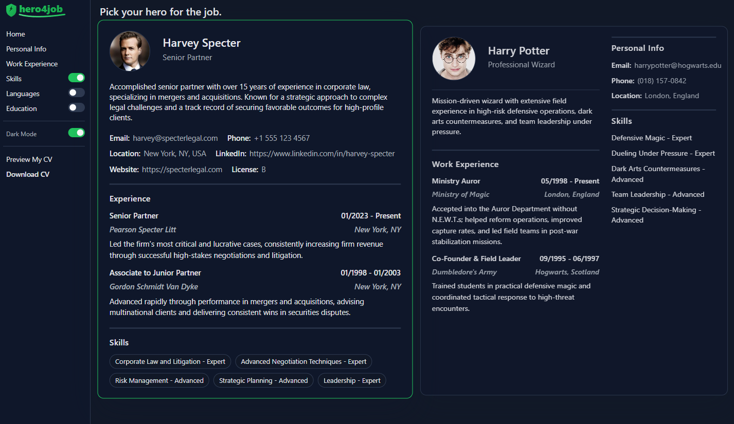 Hero4Job CV generator website preview